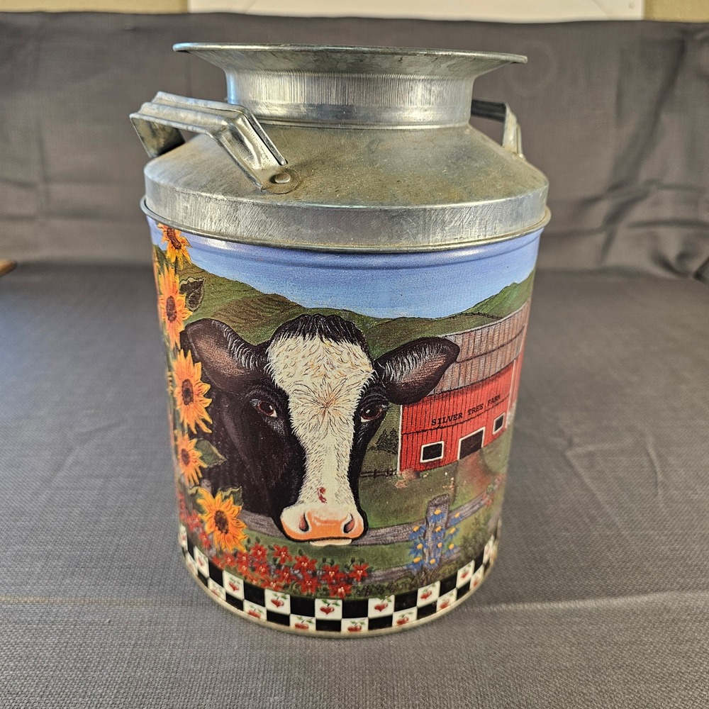 Silver Tree Farm Vintage Style Metal Milk Can Canister Cow Sunflower Barn Decor
